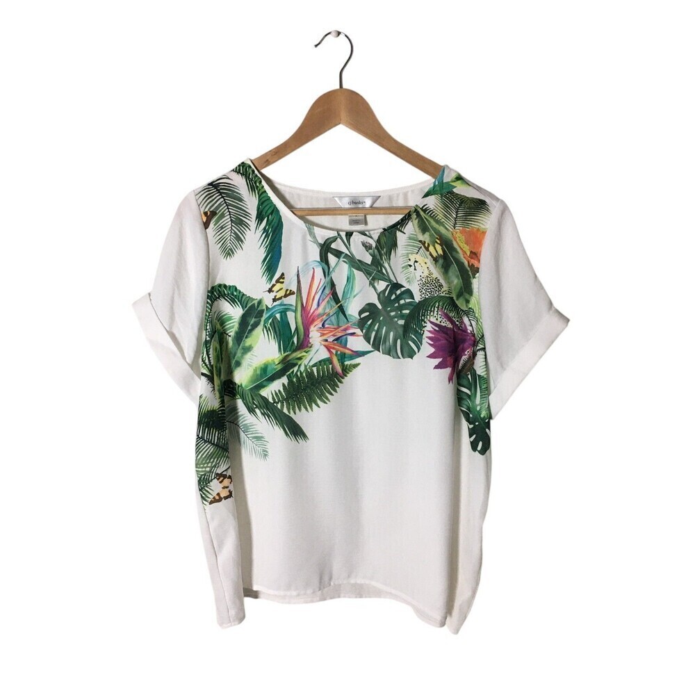 CJ Banks Top Women's Size X  14W White Tropical Floral Short Sleeve Shirt